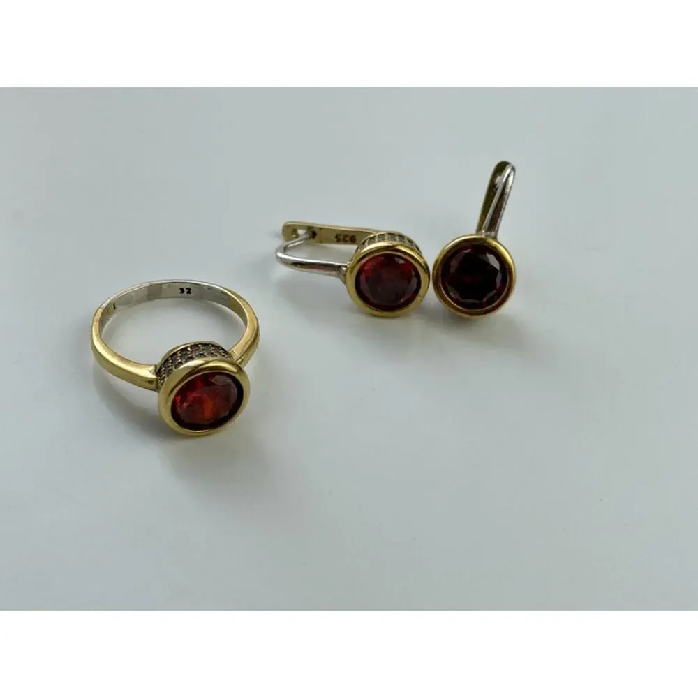 925 STERLING SILVER GOLD PLATED GARNET & CZ JEWELRY SET TURKEY